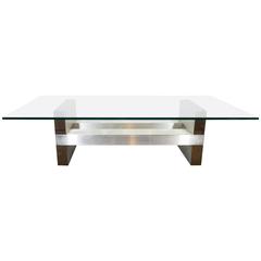 Paul Evans Style Glass Top Coffee Table on Base in Brushed Steel and Brass
