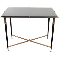 French Black Glass Top Side Table, in the Style of Maison Jansen