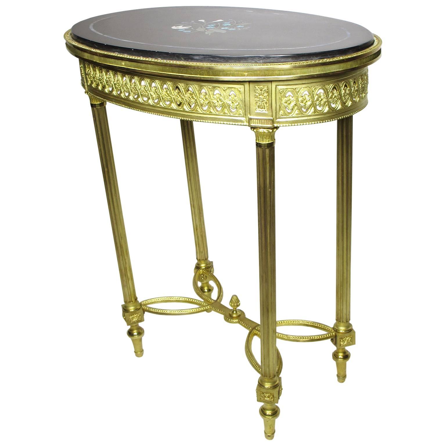 French 19th-20th Century Louis XVI Style Gilt Bronze and Pietra Dura Side Table