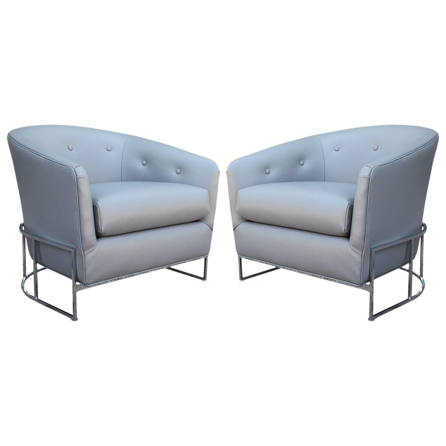 Pair of Milo Baughman Barrel Back Modern Club Chairs in Grey Leather