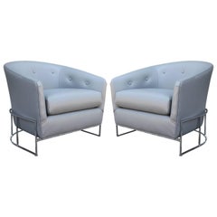 Pair of Milo Baughman Barrel Back Modern Club Chairs in Grey Leather