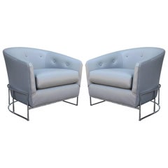 Pair of Milo Baughman Barrel Back Modern Club Chairs in Grey Leather