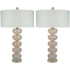 Matched Pair of Vintage Murano Opaline Table Lamps in Pale Pink