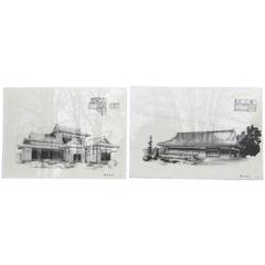 Japan Fine Pair Antique BUILDING Prints Mid-Century Modern- ready to frame