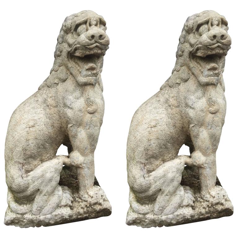 Chinese Old Massive Garden Solid Marble Foo Dog Lions House Chinese Old Massive Garden Solid Marble Foo Dog Lions House Protectors For