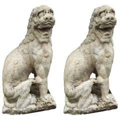 Chinese Old Massive Garden Solid Marble Foo Dog Lions, House Protectors 