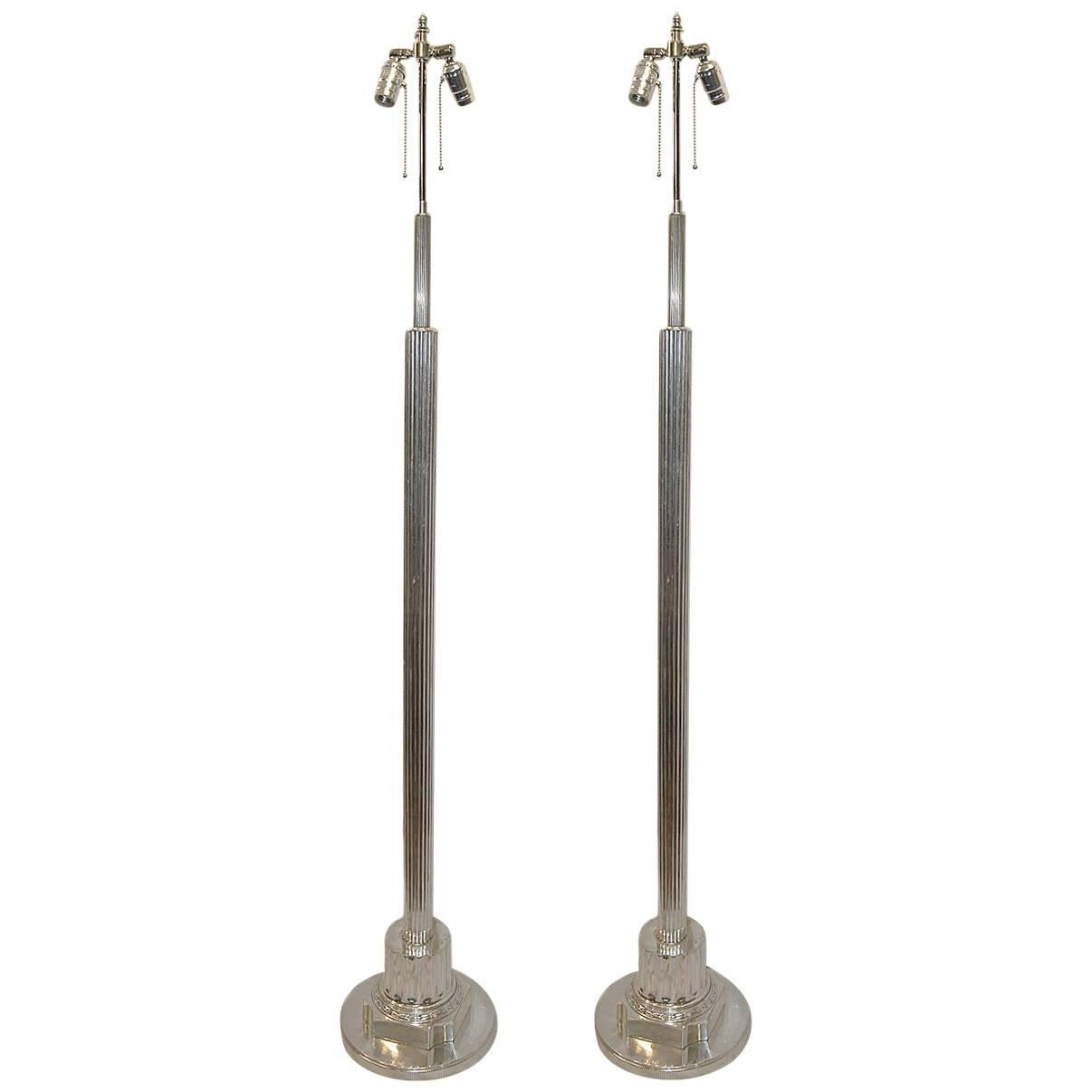 Pair of Neoclassic Silver Plated Floor Lamps