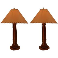 Pair Marquetry Folk Art Table Lamps