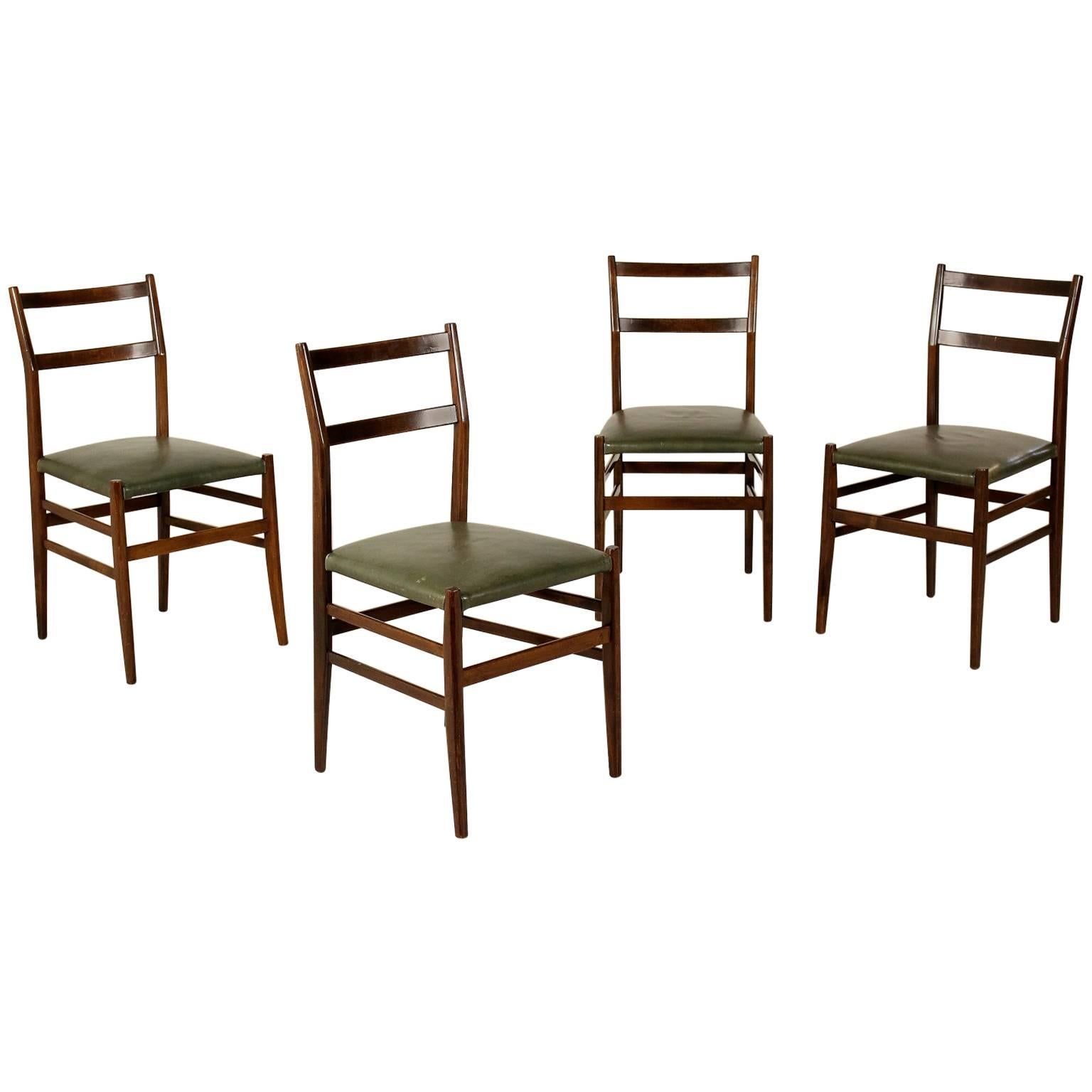 Group Four Chairs by Gio Ponti Stained Ash Wood Leatherette Seat, Italy, 1950s