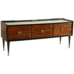 Chest of Drawers Rosewood Veneer Back-Painted Glass Brass, Italy, 1940s