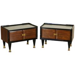 Two Bedside Tables Rosewood Veneer Back-Painted Glass Brass, Italy, 1940s-1950s