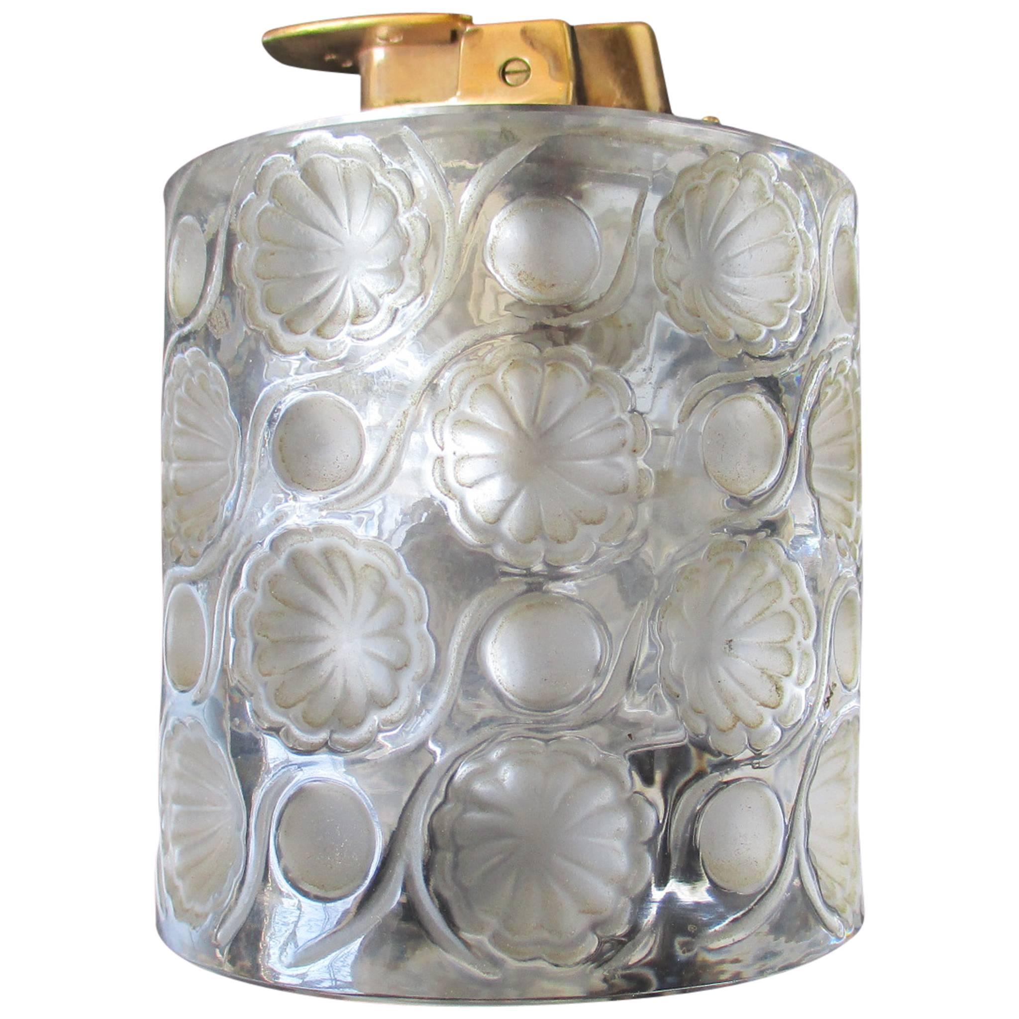 Signed Lalique Crystal Tokyo Table Lighter with Frosted Floral Medallions