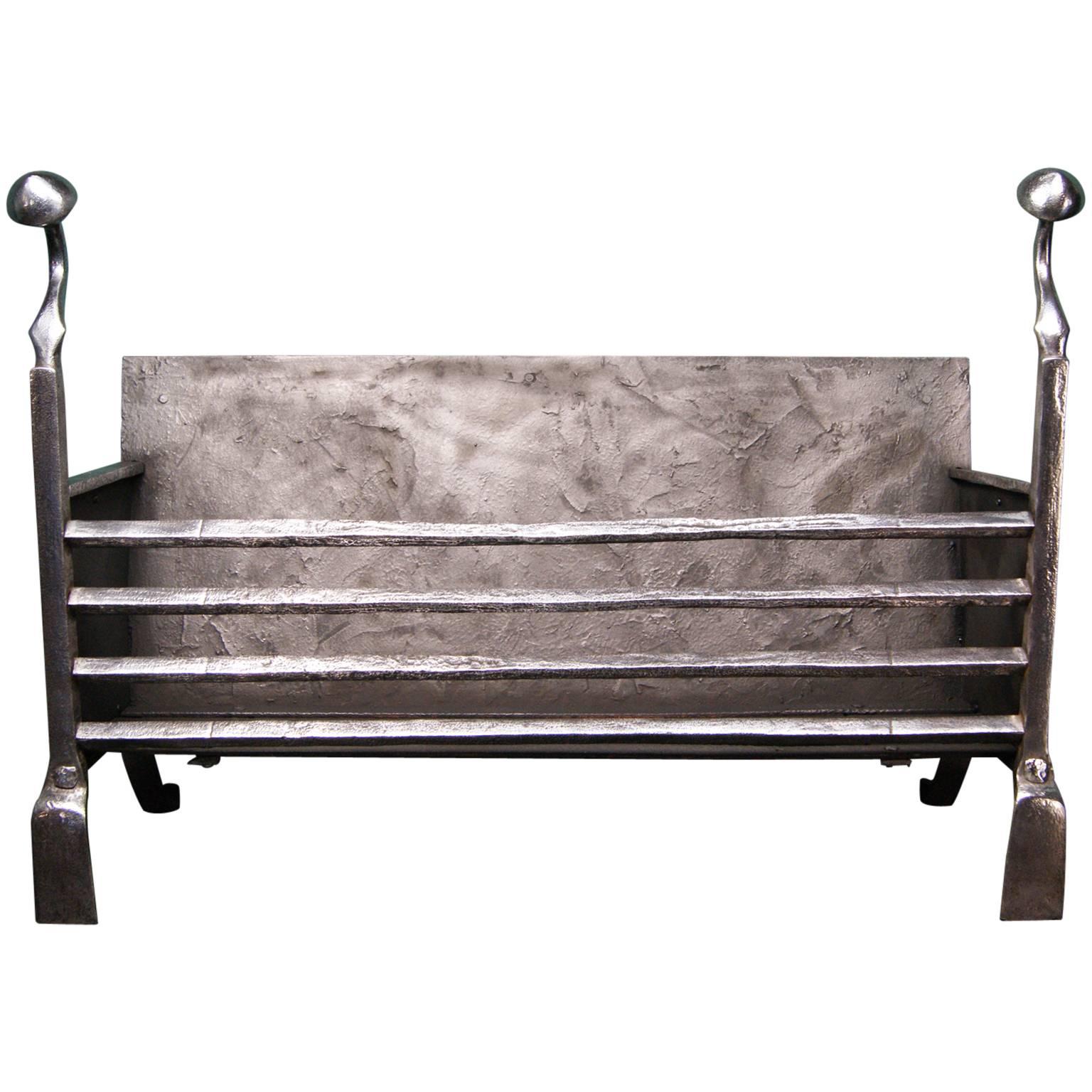 Large Polished Wrought 18th Century Fire Basket Fire Grate For Sale
