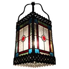 Antique Attractive Late Victorian Brass and Stained Glass Hall Lantern, circa 1890