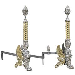Pair of Antique Polished Iron and Brass Andirons