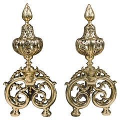 Pair of Antique Polished Iron and Brass Baroque Style Andirons