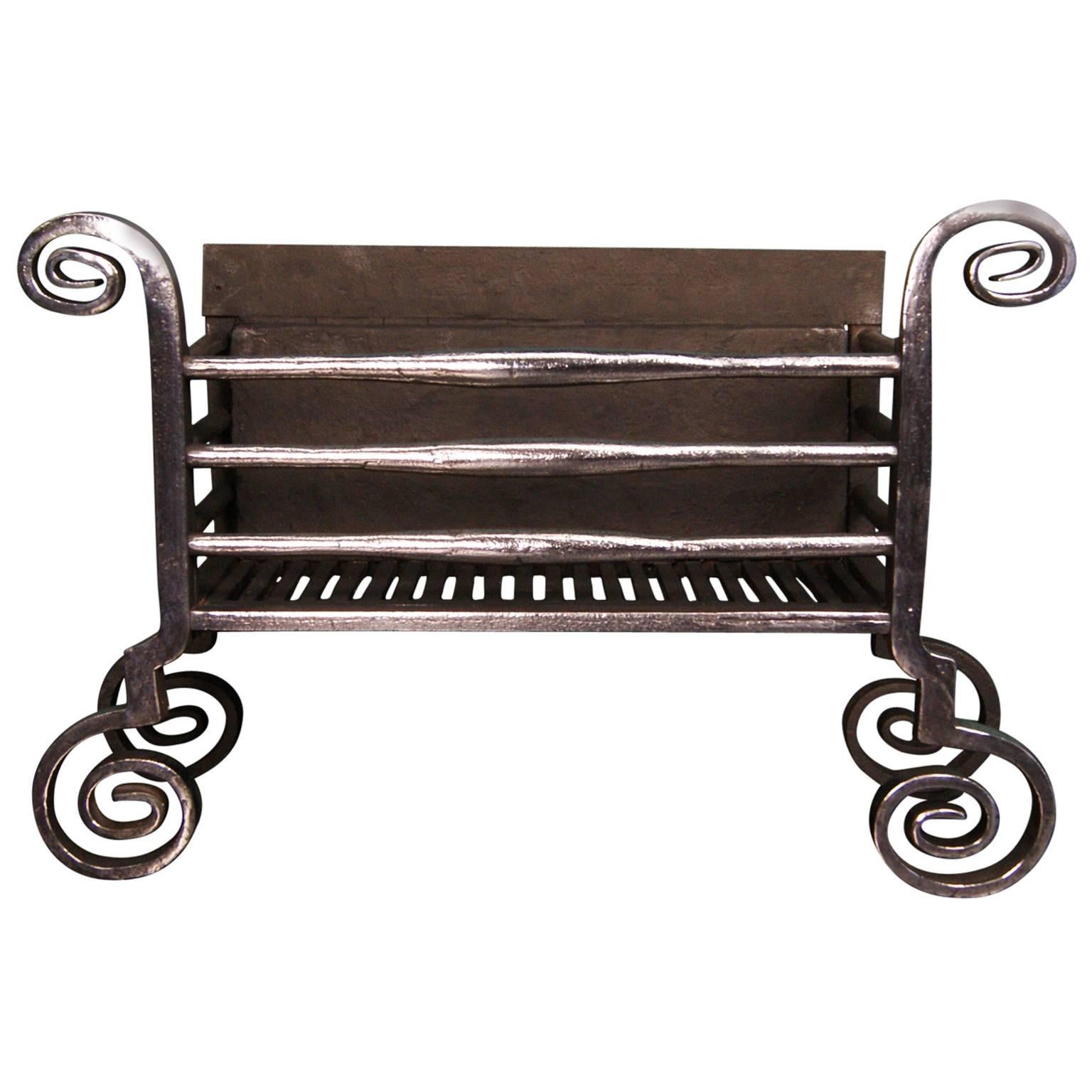 Large Polished Wrought Fire Basket Fire Grate For Sale