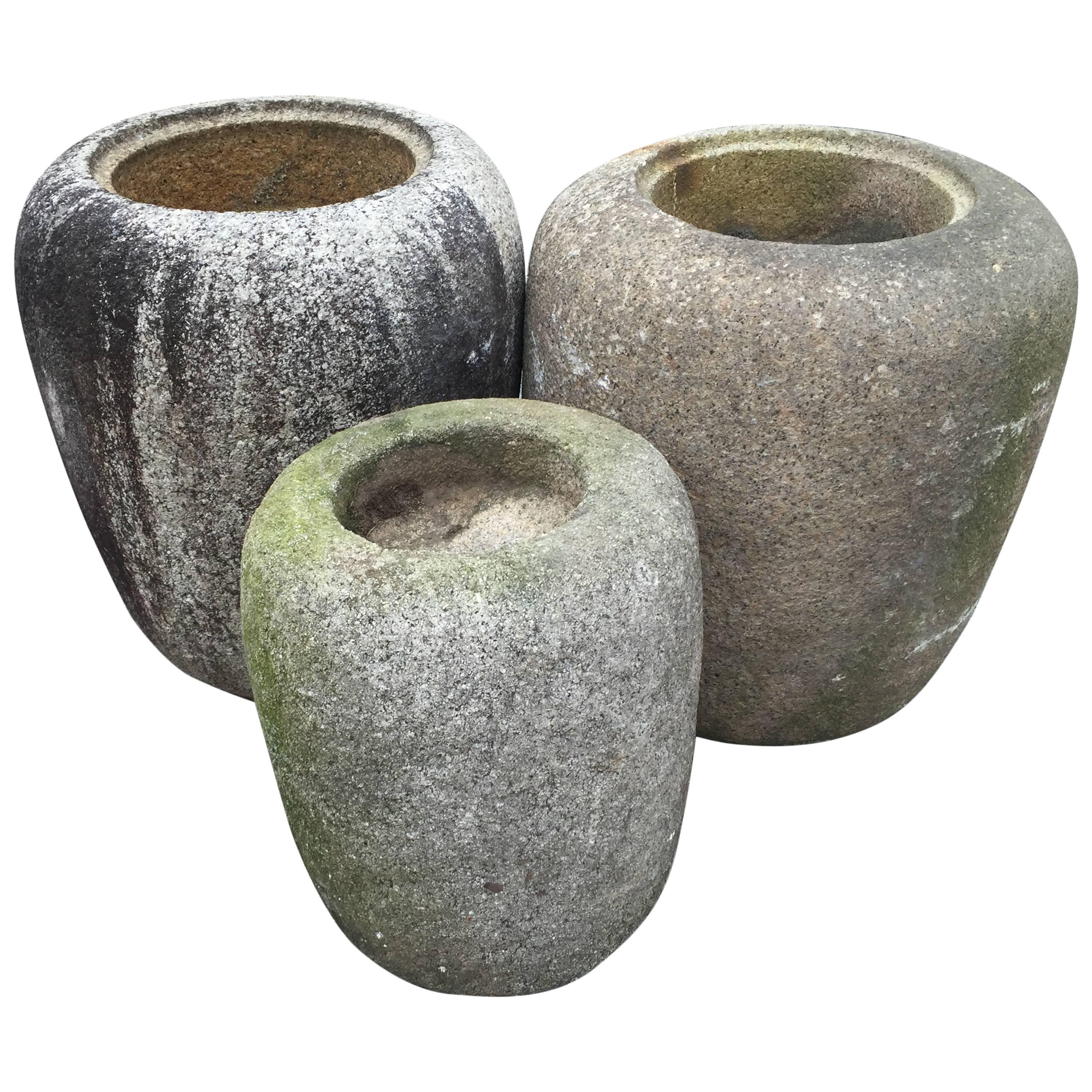 Japanese Antique Stone Planter Basins "Natsume" Set of Three Classic Icons 
