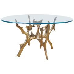 Polished Bronze Sculpted Table with Glass Top by Fred Brouard