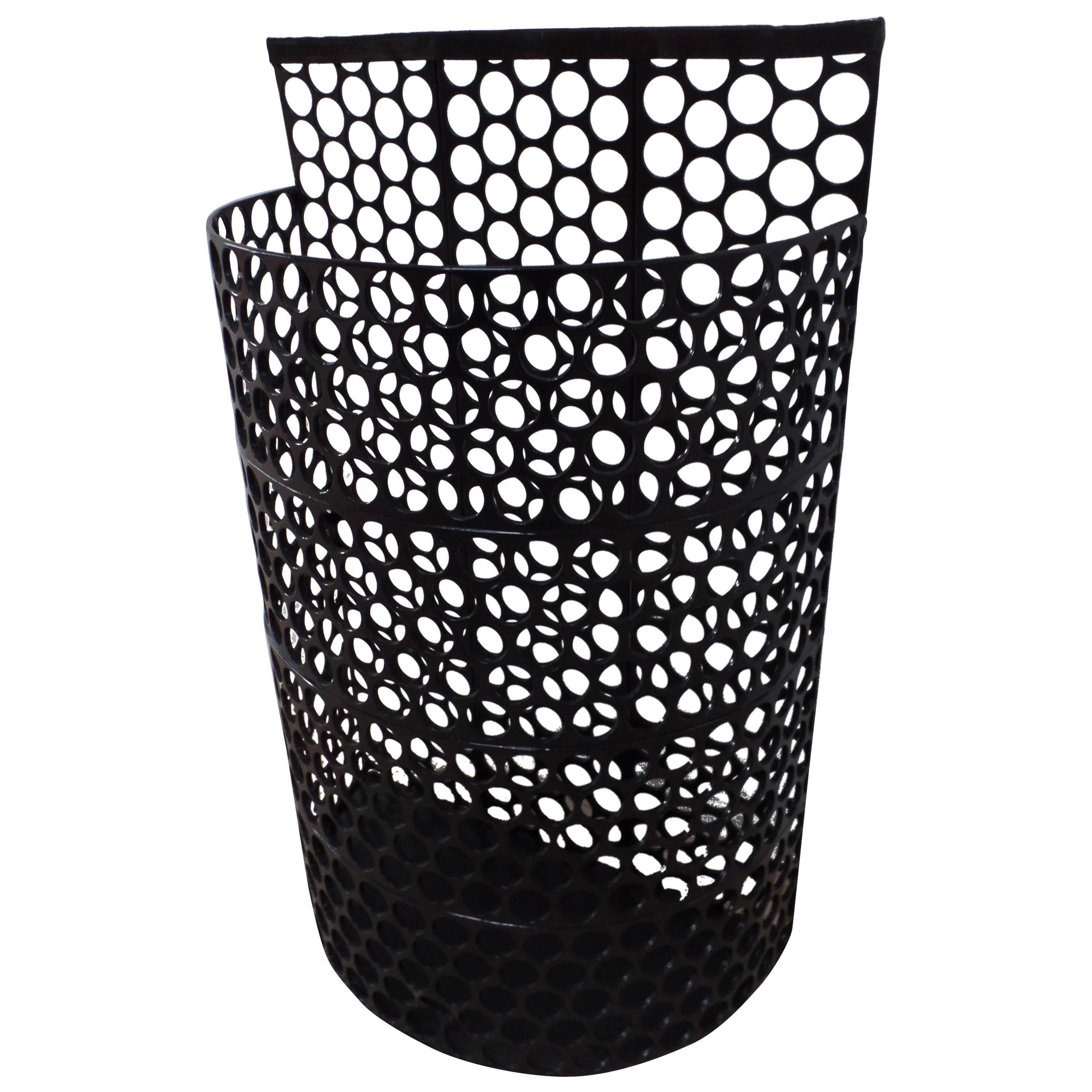 French Mid-Century Modern Black Enameled Steel Umbrella Stand or Waste Basket