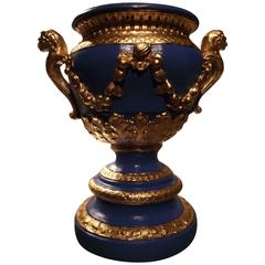Neoclassic Urn, Blue and Gold Leaf, Plaster Reproduction, gifts for men