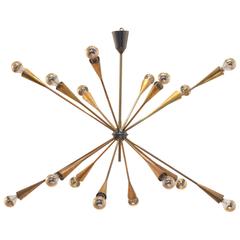 Extra Large Mid-Century French Bicolored Brass 16-Stemmed Sputnik Chandelier