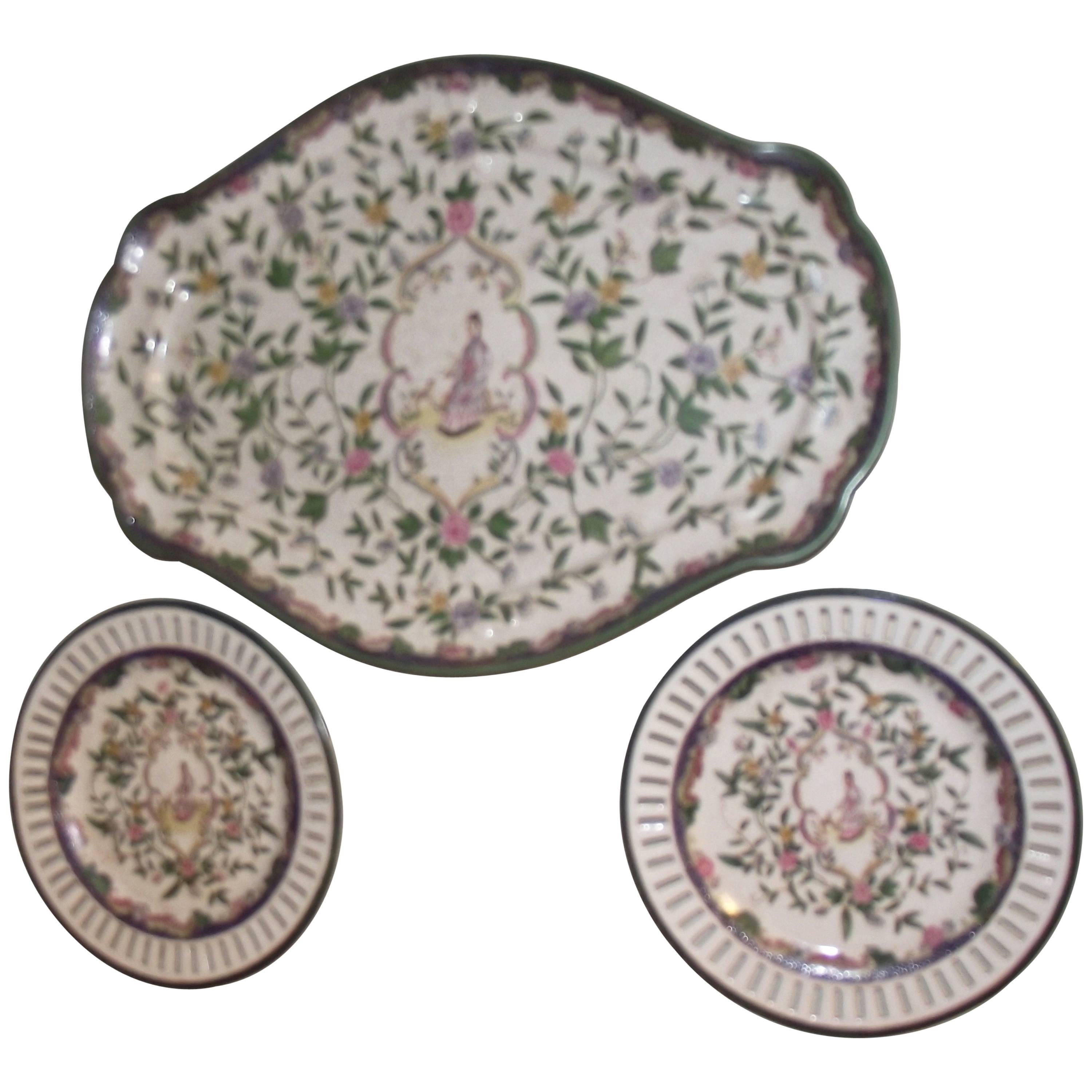 Chinese Platter and Plates, Green Pink and White Reproductions For Sale