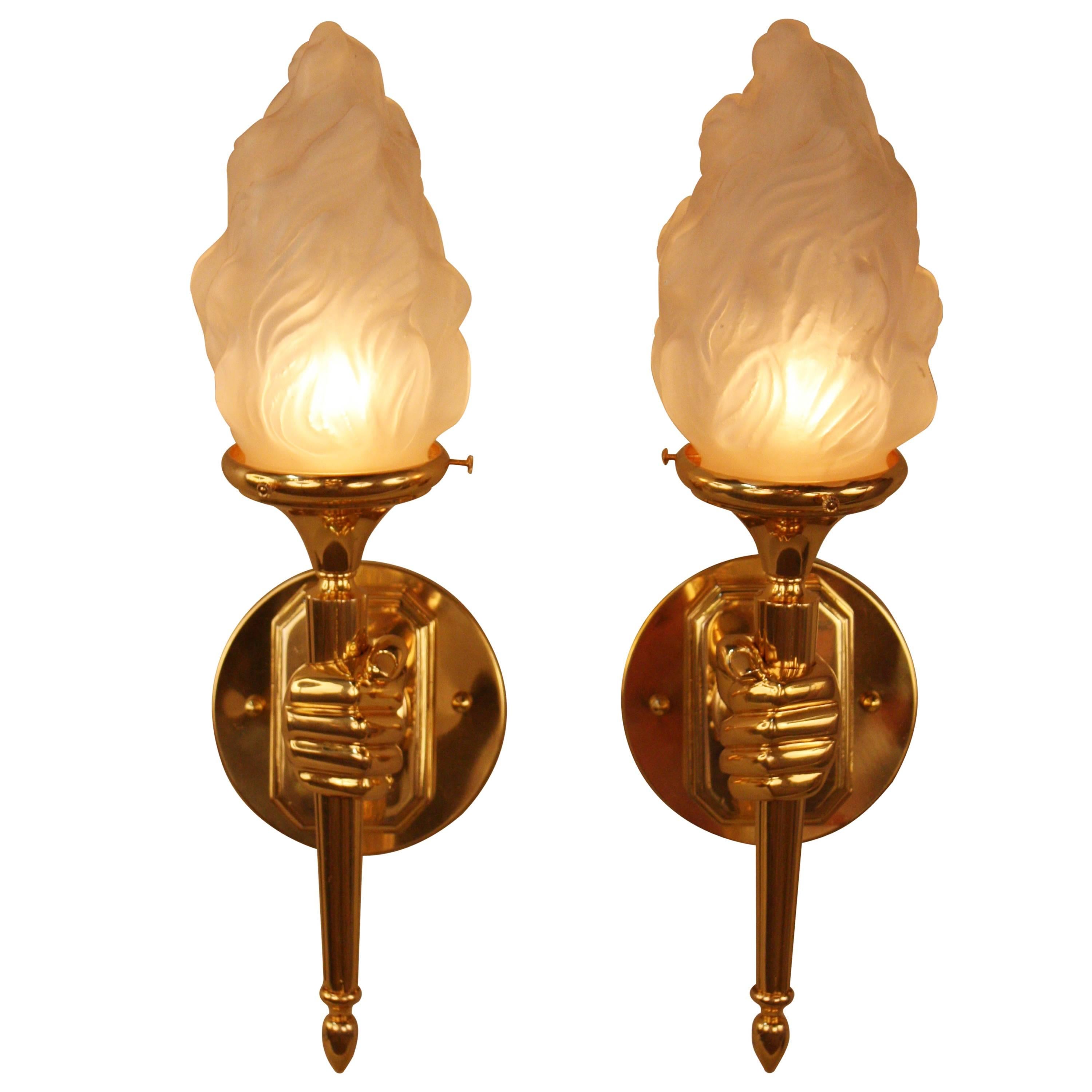 French Bronze Hand Hold Torch Wall Sconces