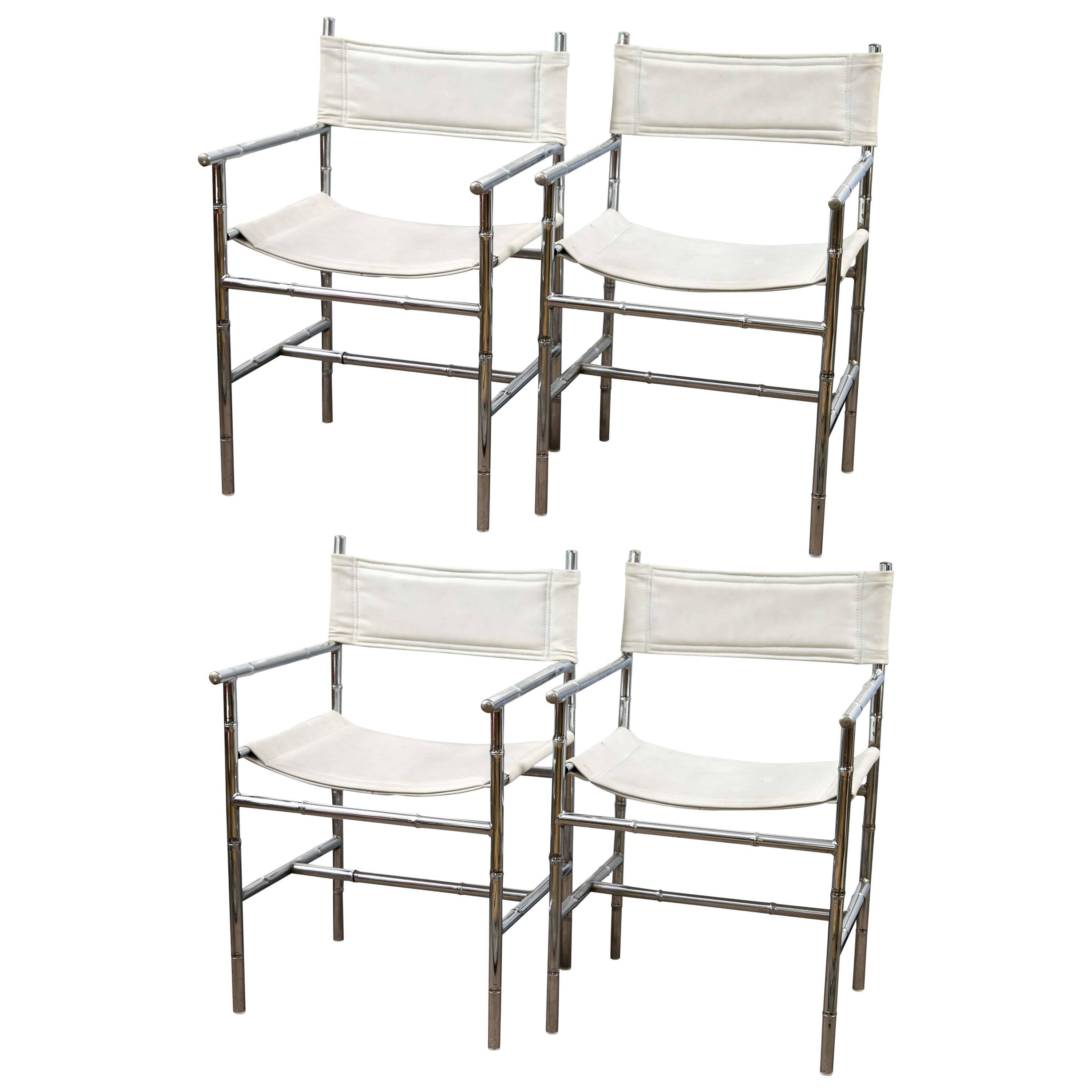 Set of Four Milo Baughman Style Vintage Chrome Bamboo Director's Chairs