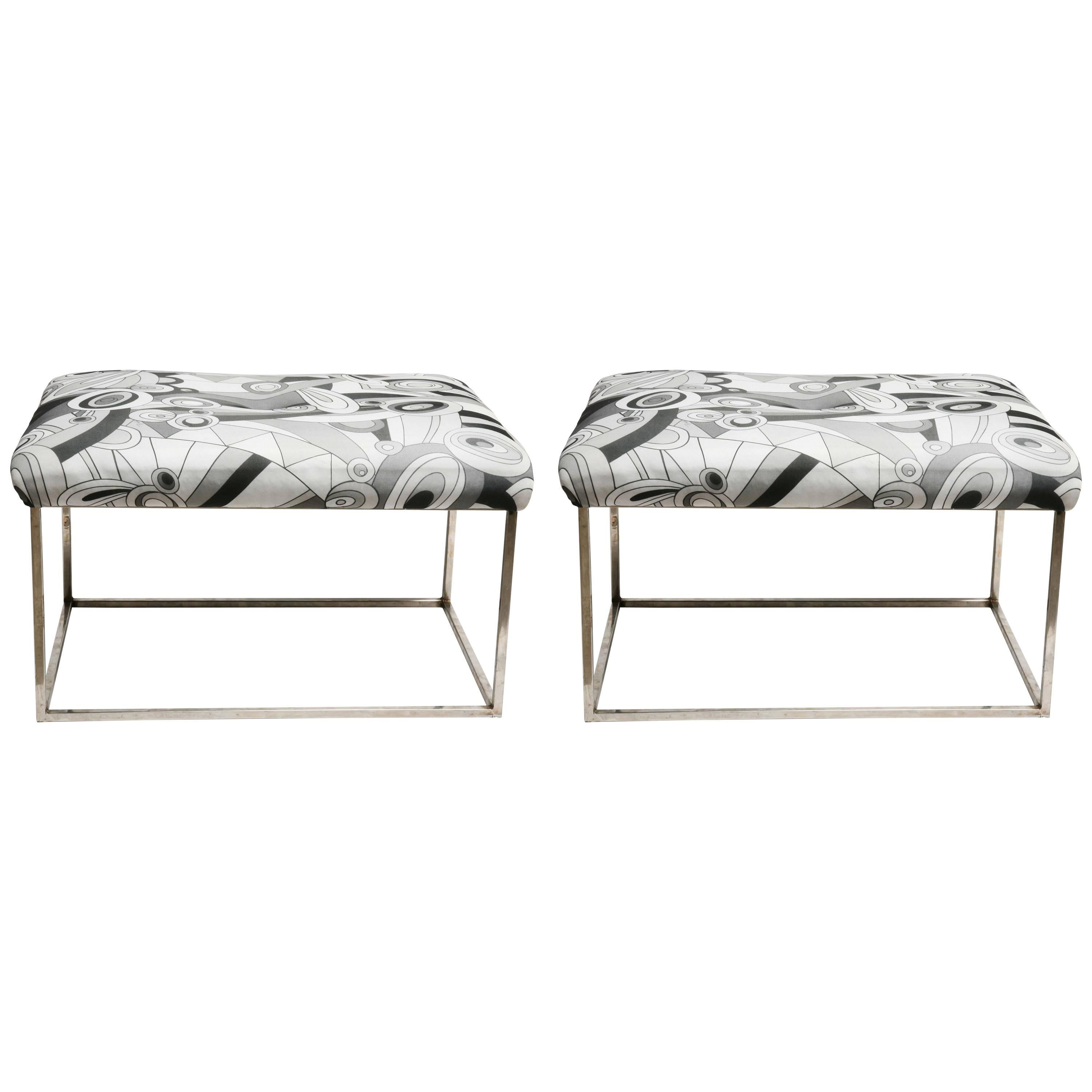 Pair of Mid-Century Modern Baughman Chrome Pucci Fabric Stools or Benches For Sale