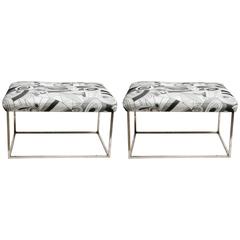 Vintage Pair of Mid-Century Modern Baughman Chrome Pucci Fabric Stools or Benches