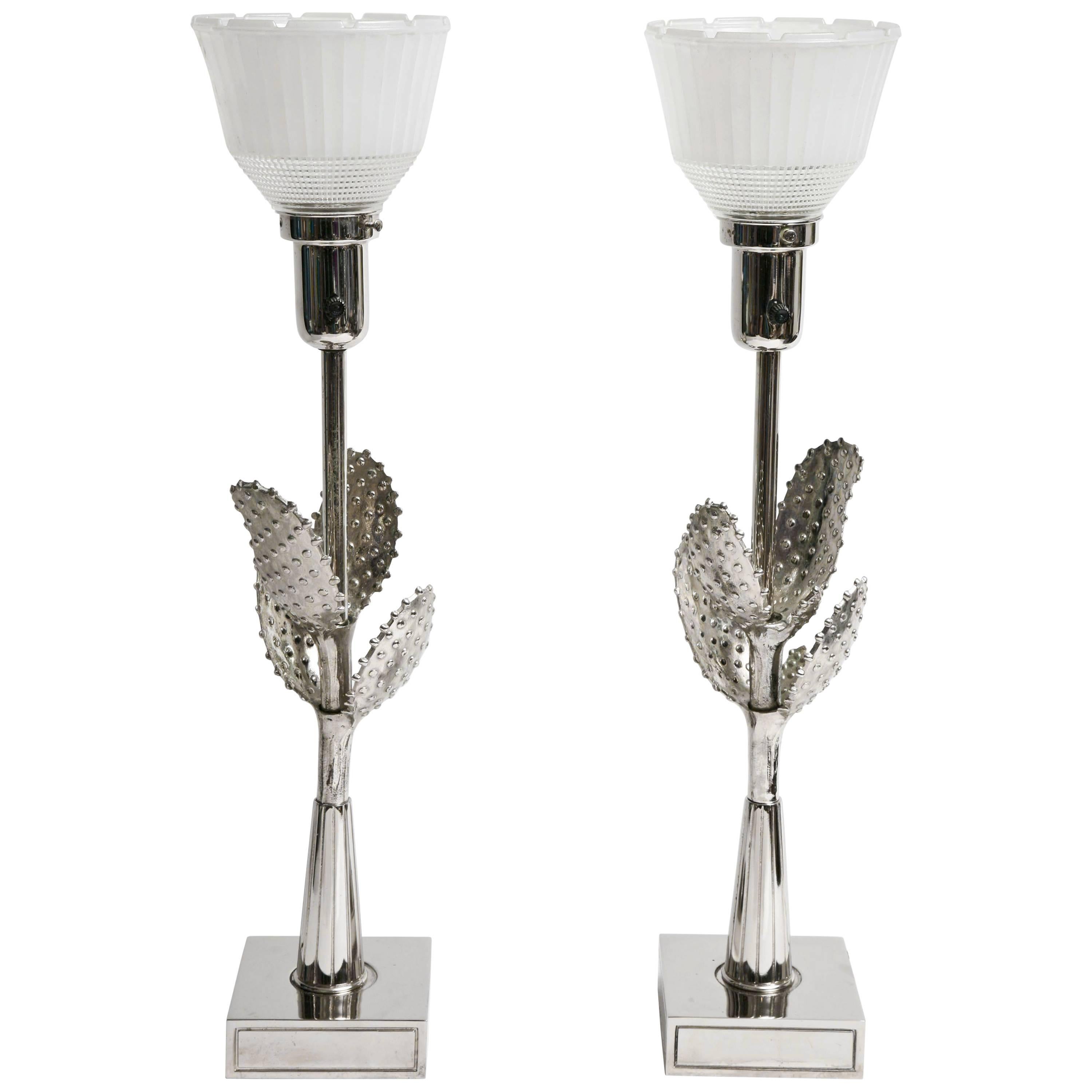 Pair of Hollywood Regency Stiffel Nickel Cactus Table Lamps Parzinger Style For Sale
