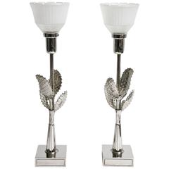 Pair of Hollywood Regency Stiffel Nickel Cactus Table Lamps Parzinger Style