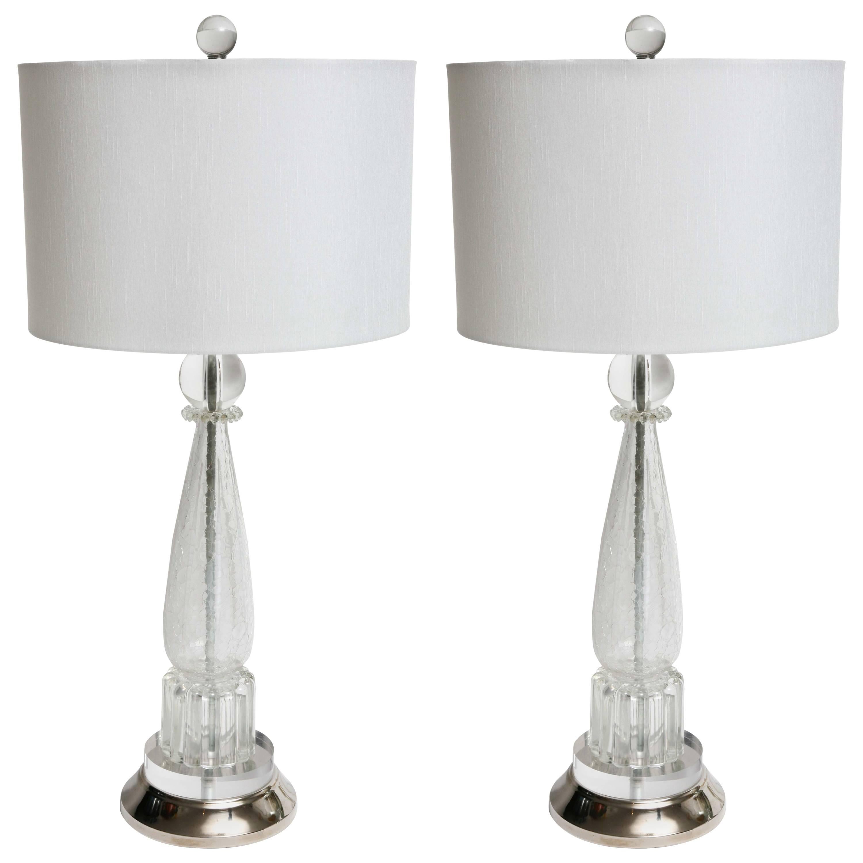 Pair of Mid-Century Modern Hollywood Regency Crystal / Glass Elegant Table Lamps For Sale