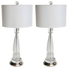 Retro Pair of Mid-Century Modern Hollywood Regency Crystal / Glass Elegant Table Lamps