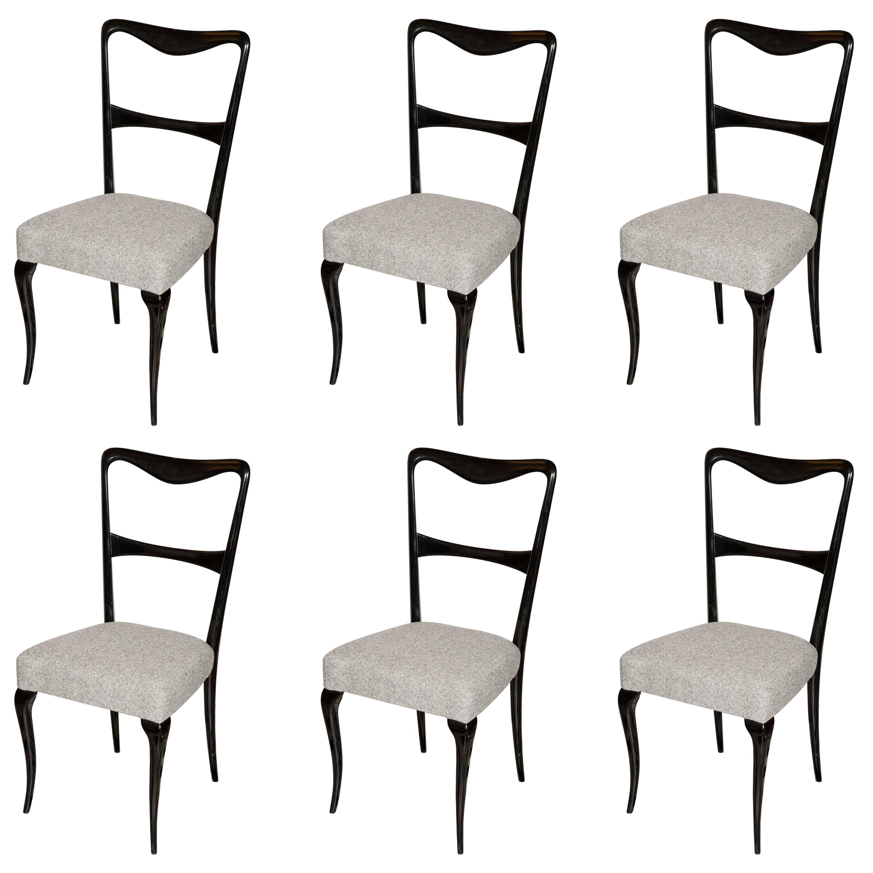 Italian 1940s Set of Six Black Lacca Dining Chairs