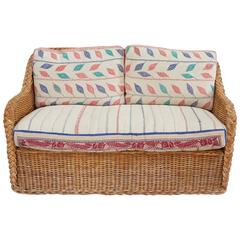 Wicker Loveseat with Retro Indian Textile Upholstery