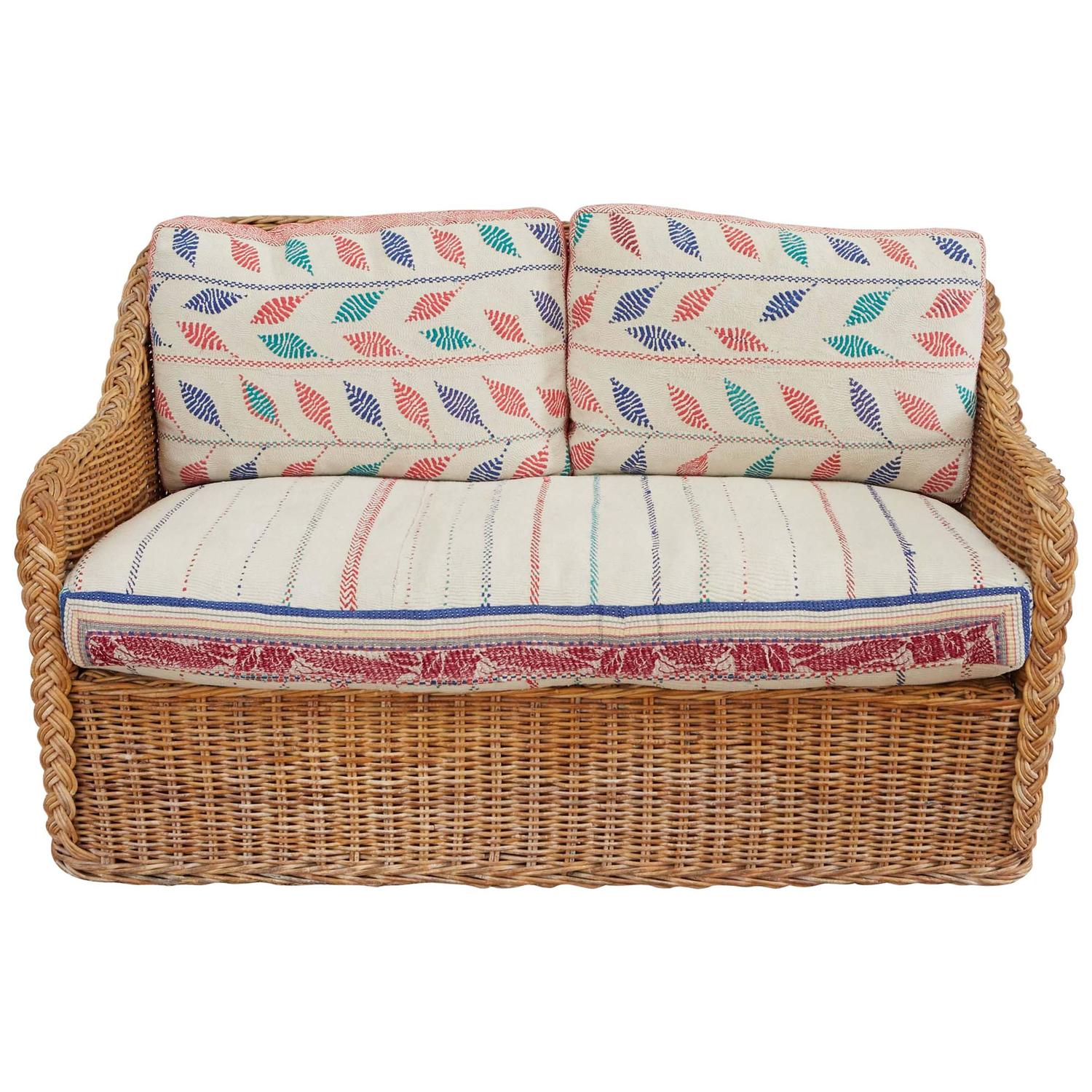 Wicker Loveseat with Vintage Indian Textile Upholstery at 1stdibs