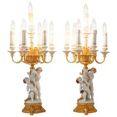 Pair of Antique Porcelain with Solid Brass Candelabra Lamps