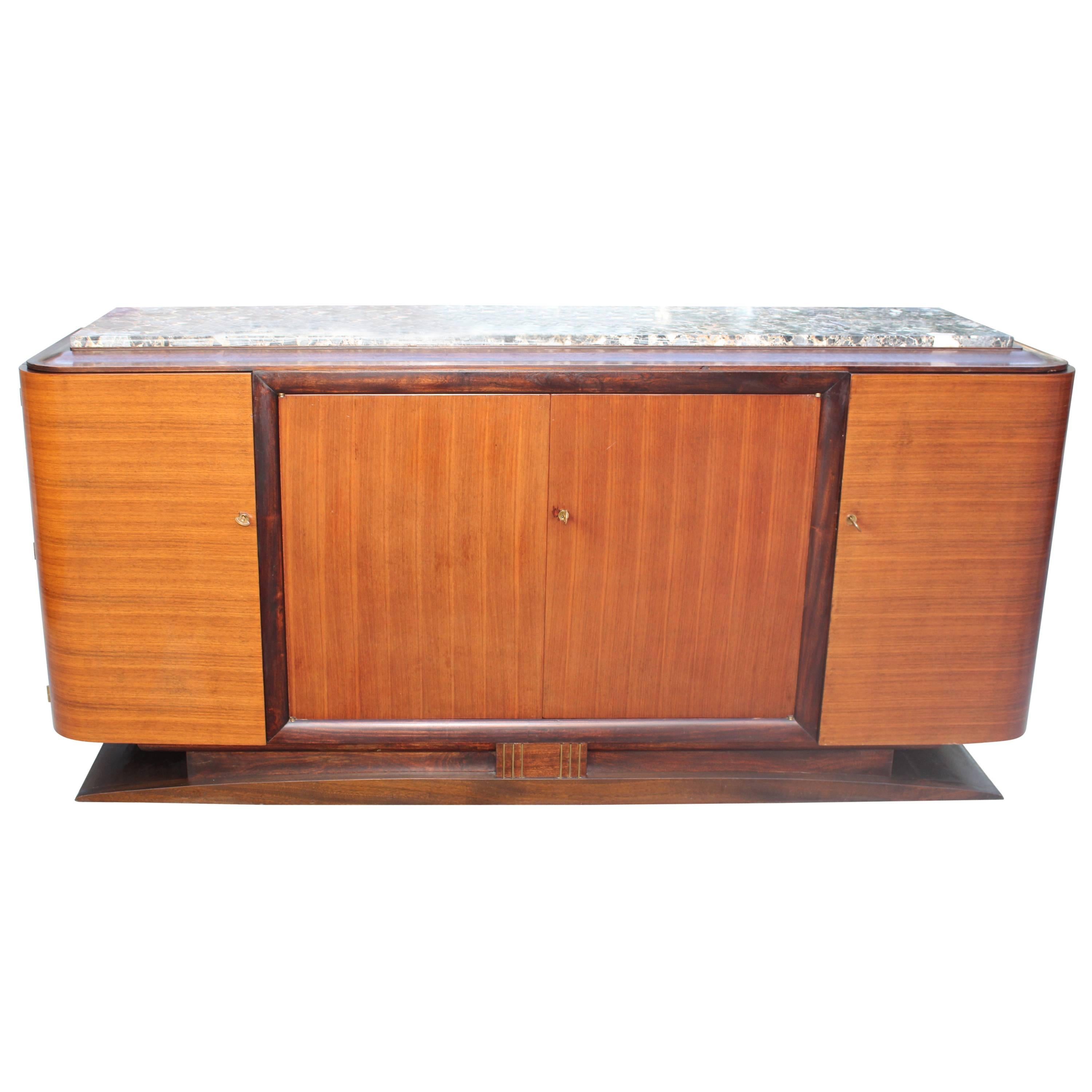 Grand French Art Deco Exotic Macassar Sideboard with Marble Top, circa 1940s.
