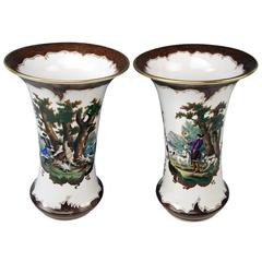 Herend Tall Pair Funneled Painted Vases Hunting Scenes, circa 1900