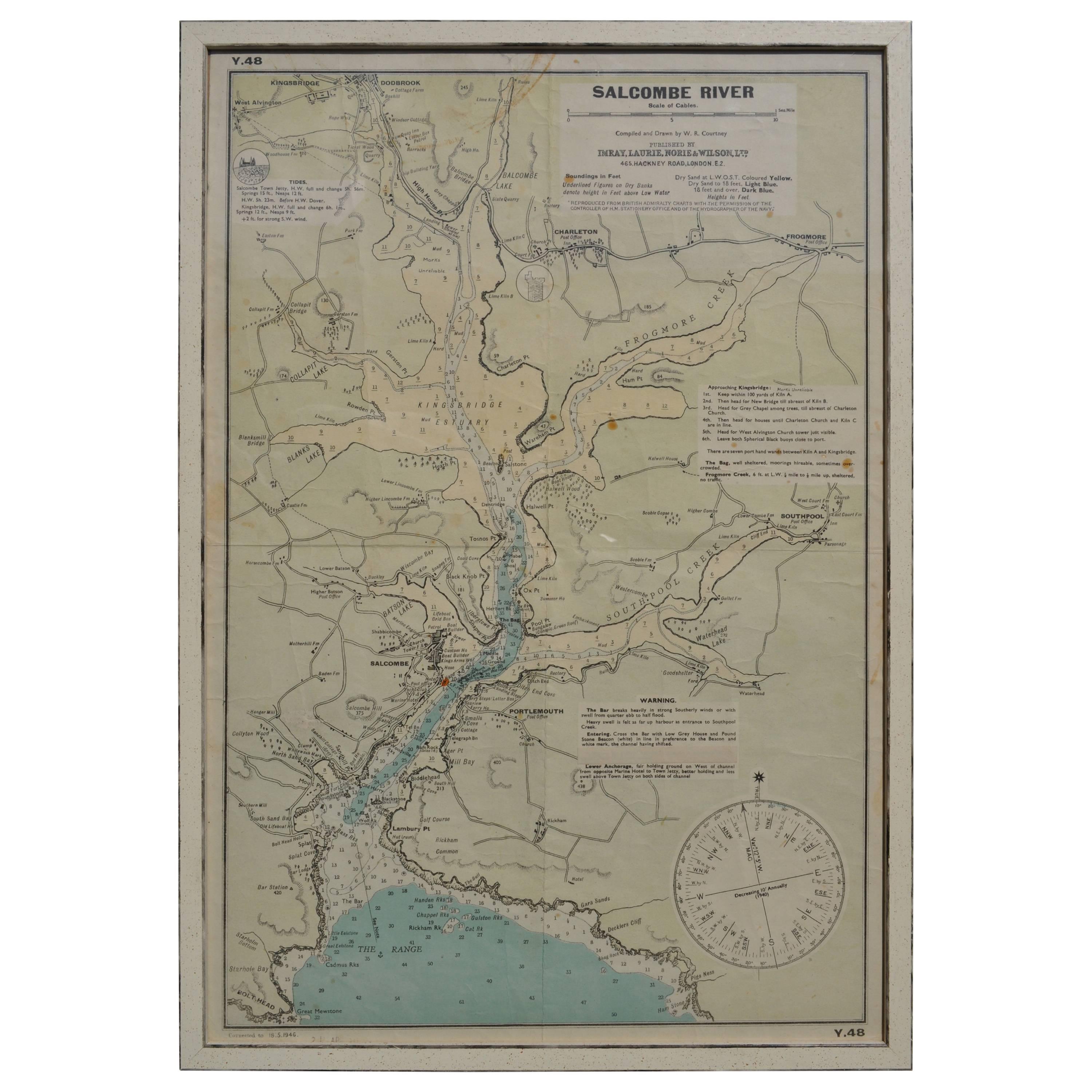 Framed Map of Salcombe River, South Devon Published in 1946 For Sale