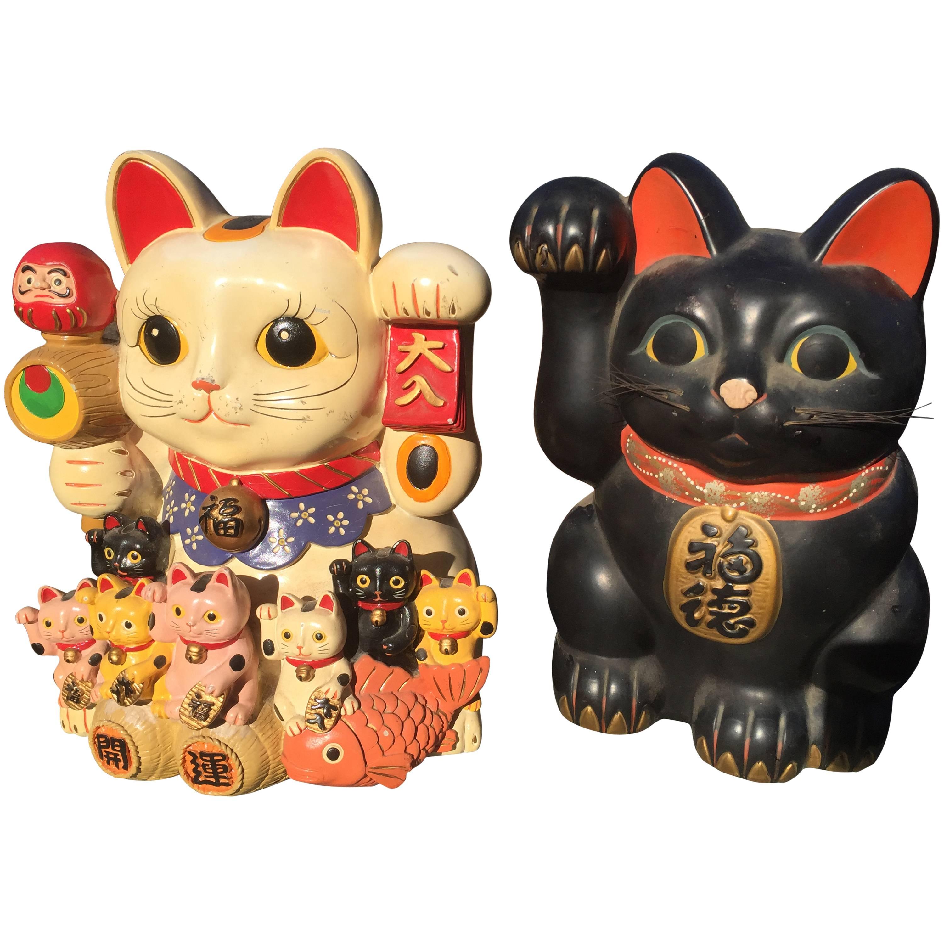 Japanese Big Red & Blue Antique Good Fortune Money Cats- Maneki Neko