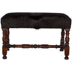Louis XIII Style Walnut Stool/Bench Newly Upholstered in Black Cowhide with Hair 3