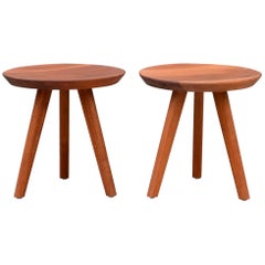 Pair of Sturdy Tripod Carved Wood Stools in the Style of Charlotte Perriand