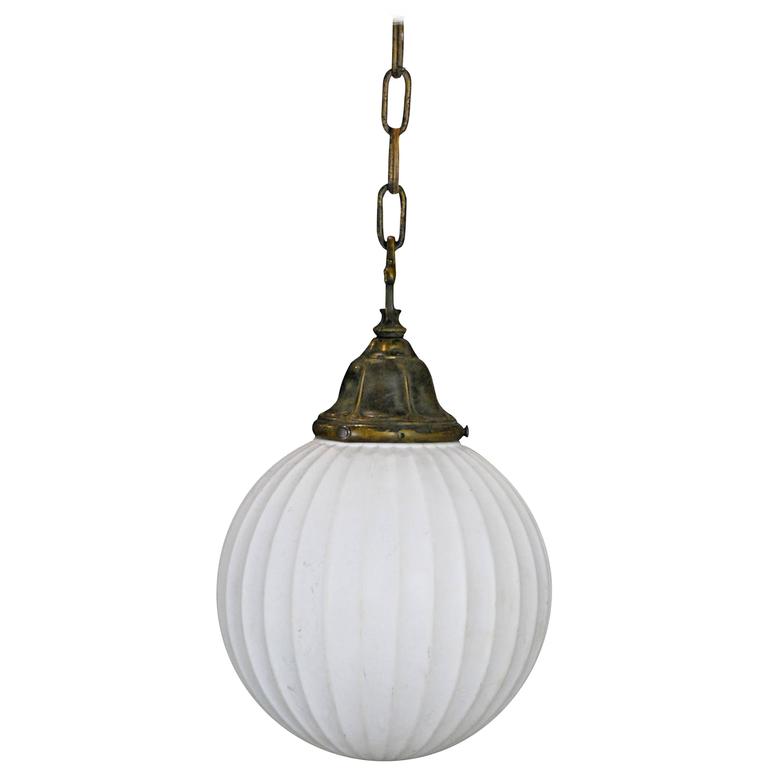 1920 Reeded Milk Glass Brass Pendant Light at 1stDibs