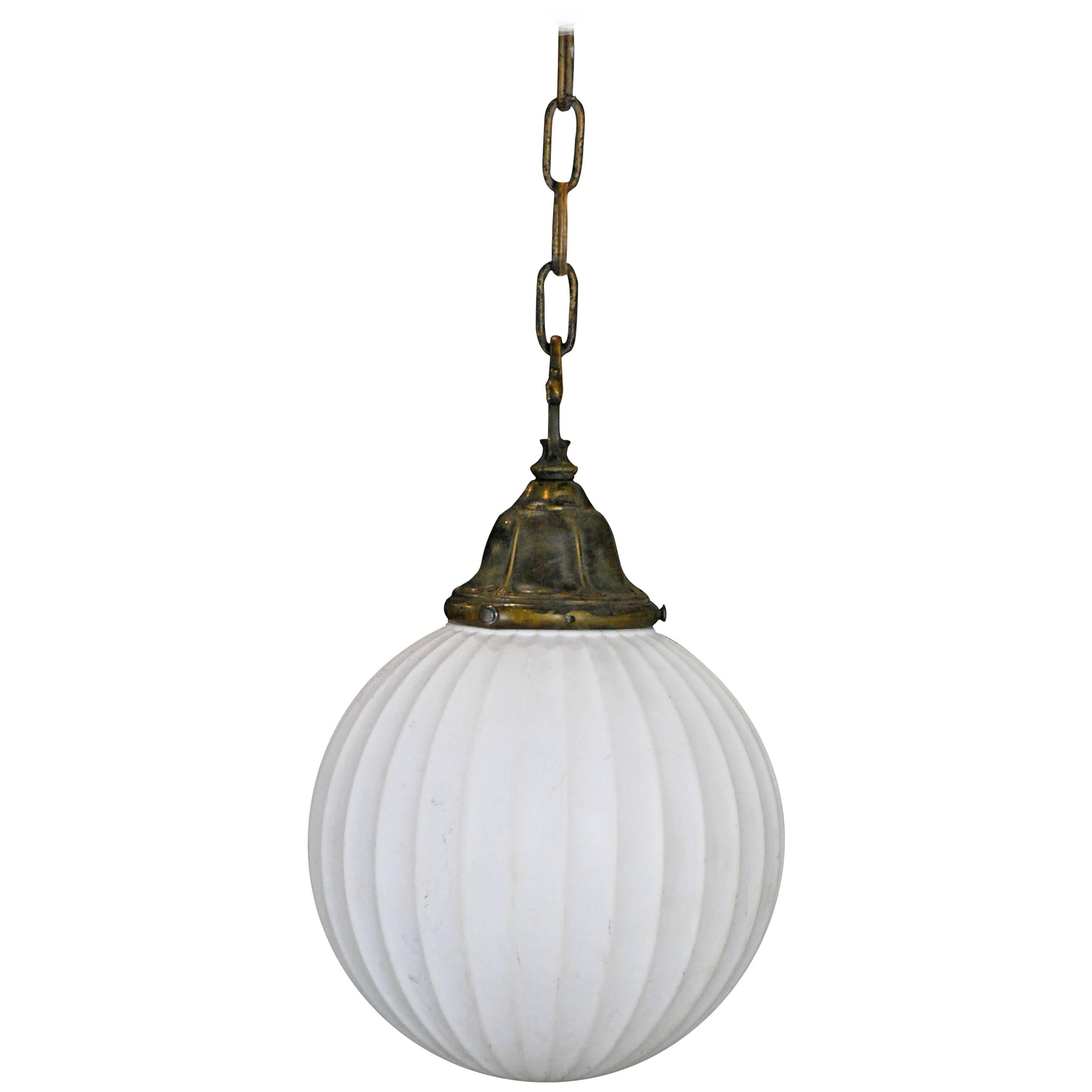 1920 Reeded Milk Glass Brass Pendant Light