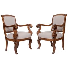 Pair of Solid Walnut French Restauration Armchairs 3