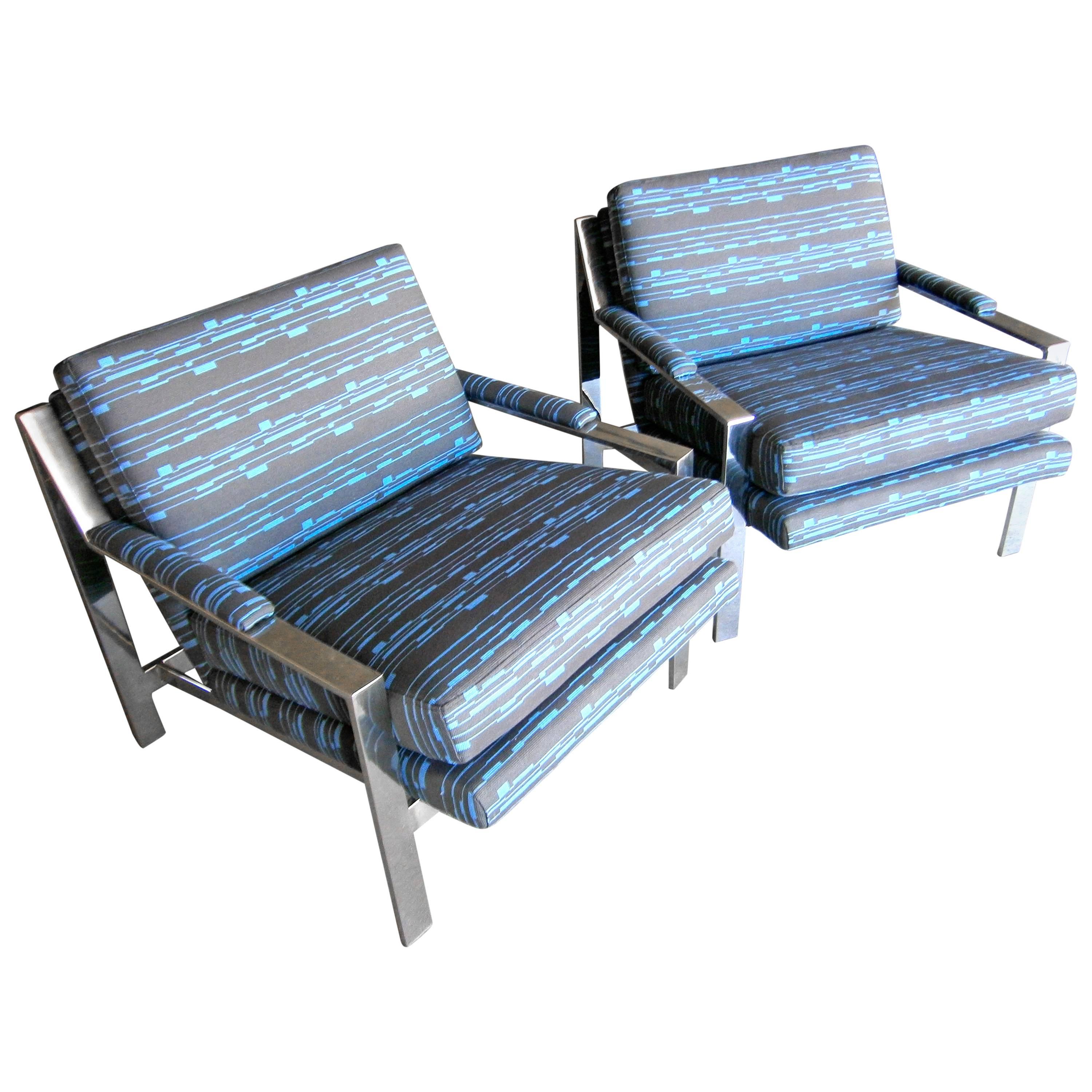 Beautifully Upholstered Pair of Polished Steel Lounge Chairs by Cy Mann  C.1970s