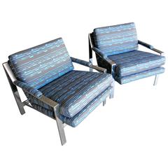 Beautifully Upholstered Pair of Polished Steel Lounge Chairs by Cy Mann  C.1970s